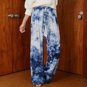 Cloth & Stone Anthropologie Women Size L Venice Blue Tie Dye Wide Leg Pants Belt